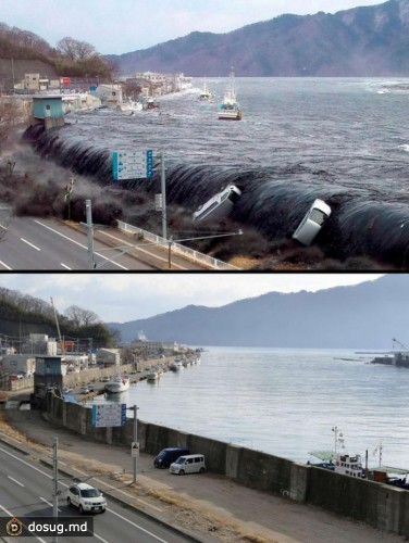 3. Корабль Asia Sympathy пробил ограждения после цунами в Камаиси, префектура Ивате, 18 марта 2011. Ниже тот же район 16 января 2012 года.