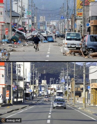 4. Улица в Офунато, префектура Ивате, после цунами, 14 марта 2011. Ниже та же улица 15 января 2012 года.