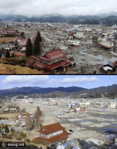 6. Ущерб после цунами в городе Кесеннума, 16 марта 2011. Ниже тот же район 14 января 2012 года.