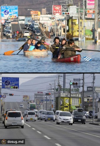 9. Эвакуация людей на лодках по затопленной дороге в Ишиномаки, префектура Мияки, 12 марта 2011. Тот же район 13 января 2012 года.