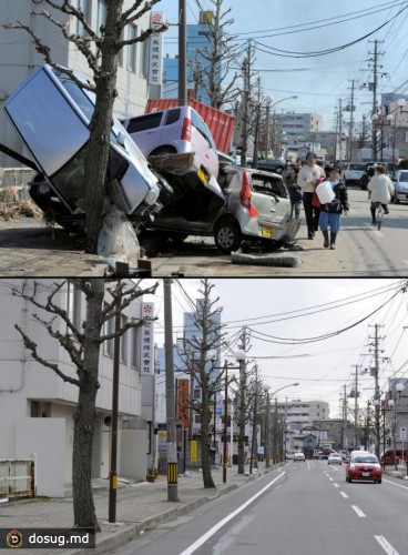 11. Улица после цунами в Тагайон, префектура Мияги, 13 марта 2011. Та же улица 12 января 2012 года.