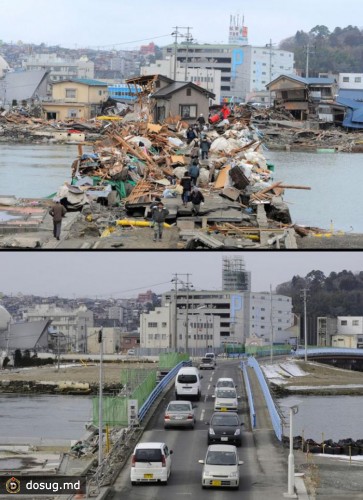 14. Куча обломков и мусора на мосту в Ишиномаки, префектура Мияги, 15 марта 2011. Тот же район 13 января 2012 года.