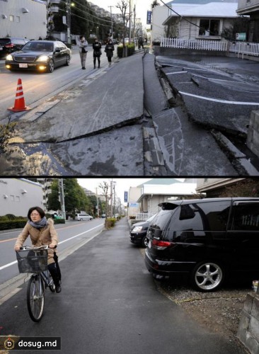 15. Треснутый асфальт в результате землетрясения в Ураясу, префектура Тиба, 11 марта 2011. Тот же район 21 января 2012 года.