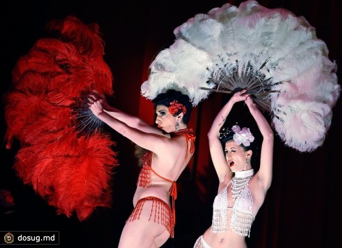 Трикси Спаркл (Trixee Sparkle; слева) и Хони Лулу (Honey Lulu) дают представление во время бурлеск-шоу Black Flamingo в Берлине, Германия. (Steffen Kugler/Getty Images)