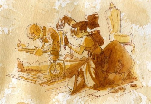 Иллюстрации в стиле стимпанк, нарисованные чаем
