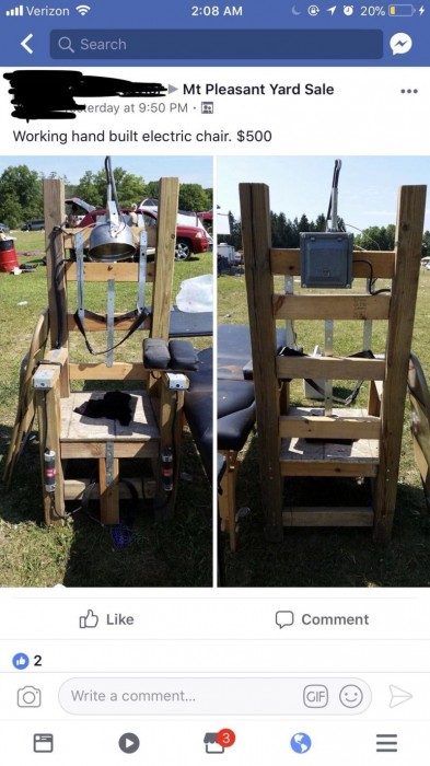 Некий умелец выставил на продажу самодельный электрический стул за 500 баксов