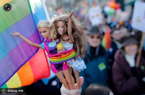 Демонстрантка несёт две куклы Барби во время митинга в поддержку легализации однополых браков во Франции.