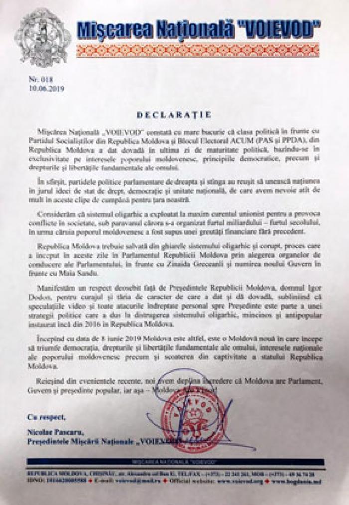 „VOIEVOD”: PARTIDELE POLITICE DE DREAPTA ȘI STÎNGA AU REUȘIT SĂ UNEASCĂ NAȚIUNEA ÎN JURUL IDEEI DE STAT DE DREPT