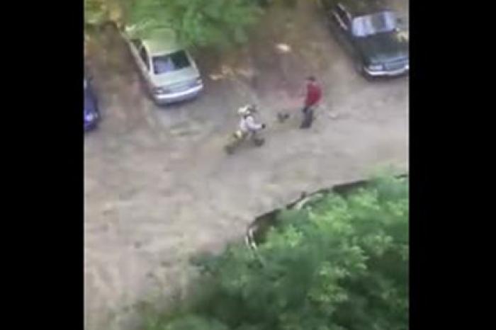 Погоня дворника с включенной газонокосилкой за россиянином попала на видео