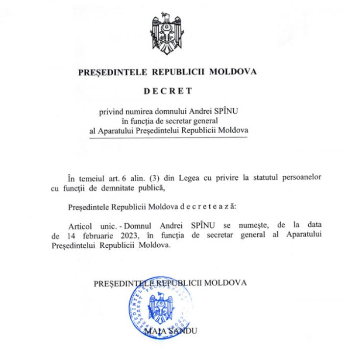 FOSTUL VICEPRIM-MINISTRU ANDREI SPÎNU A FOST NUMIT SECRETAR GENERAL AL ADMINISTRAȚIEI PREZIDENȚIALE