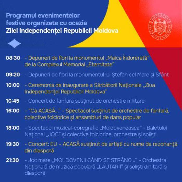 Guvernul anunță programul evenimentelor de celebrare a Zilei Independenței: „Pe 27 august, celebrăm împreună Moldova și oamenii țării!”