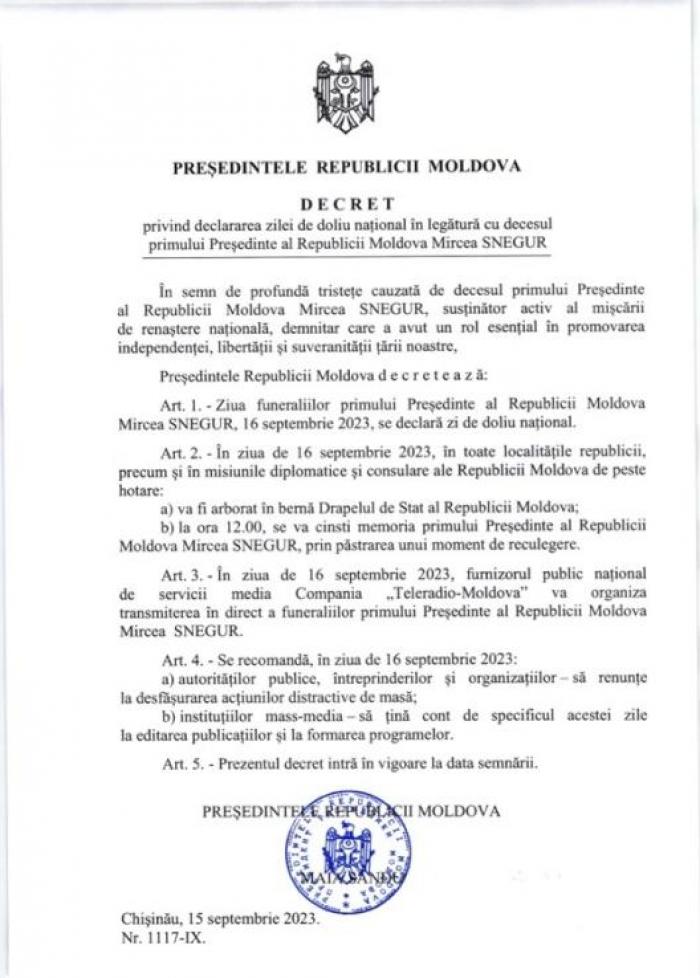 Ziua de 16 septembrie - declarată zi de doliu național, în legătură cu funeraliile primului Președinte al Republicii Moldova, Mircea Snegur