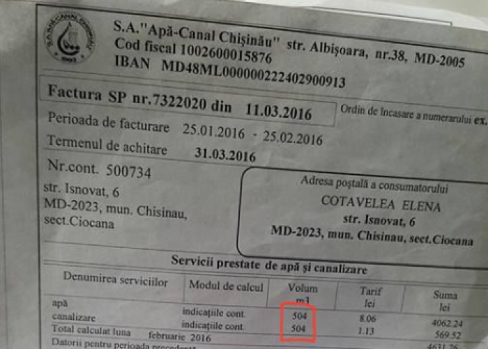 Apa Canal ошибся и пенсионерка заплатила 5 тысяч леев