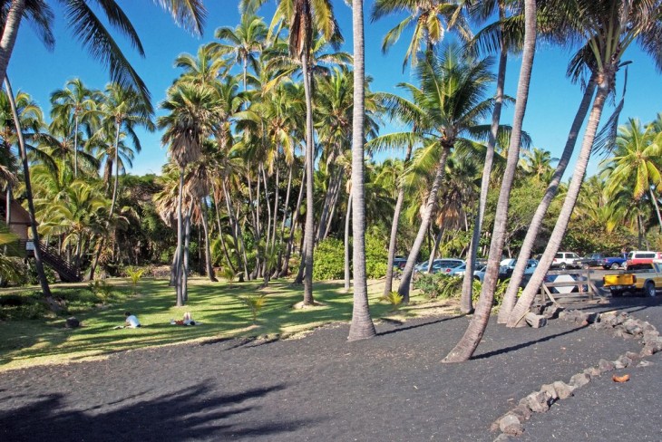 Черный песок пляжа Punaluu Beach