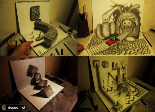 3D рисунки на двух листах бумаги