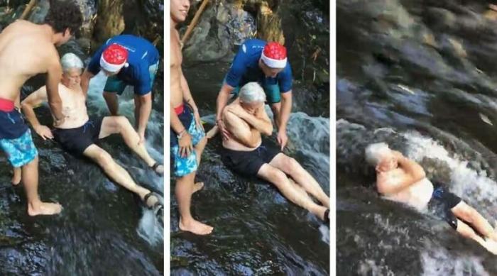 87-летний мужчина бросил вызов своему возрасту и съехал по 7,6-метровому водопаду