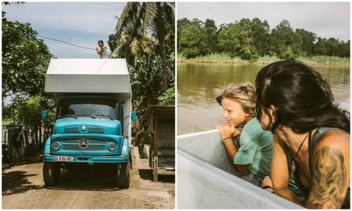Семья путешествует на старом грузовике, показывая 5-летнему сыну красоту этого мира