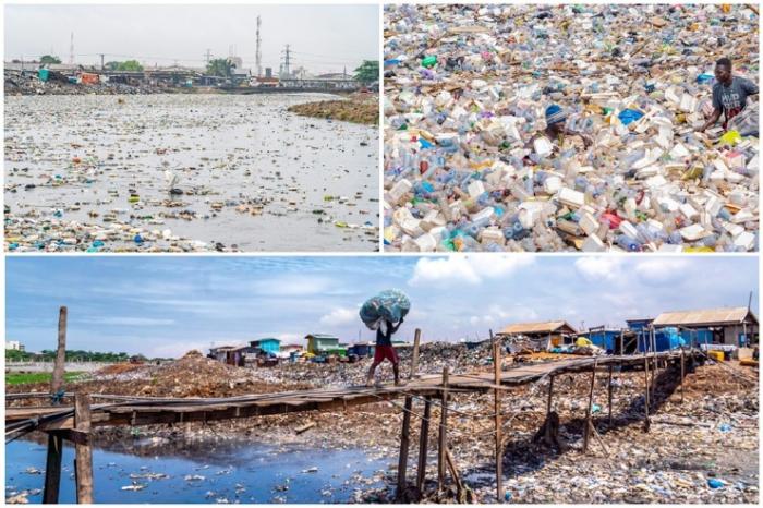 Сортируйте мусор уже сейчас!!! Шокирующие кадры: сборщики пластиковых отходов пробираются через грязную лагуну в Гане